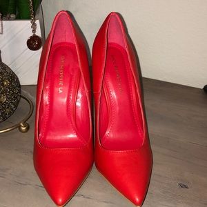 Red Faux Leather Pointy Toe Pumps